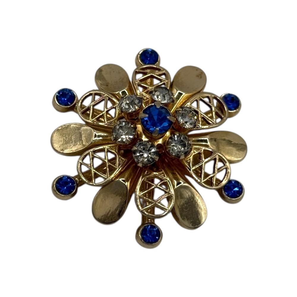 Vintage Coro Starburst Brooch Pin Blue & Clear Rhinestone Art Deco Snowflake